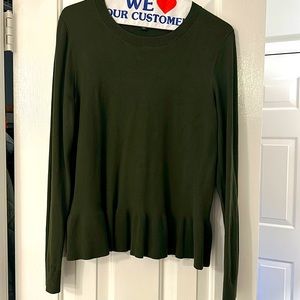 Olive green knit top, long sleeve with slight peplum bottom. Fun top